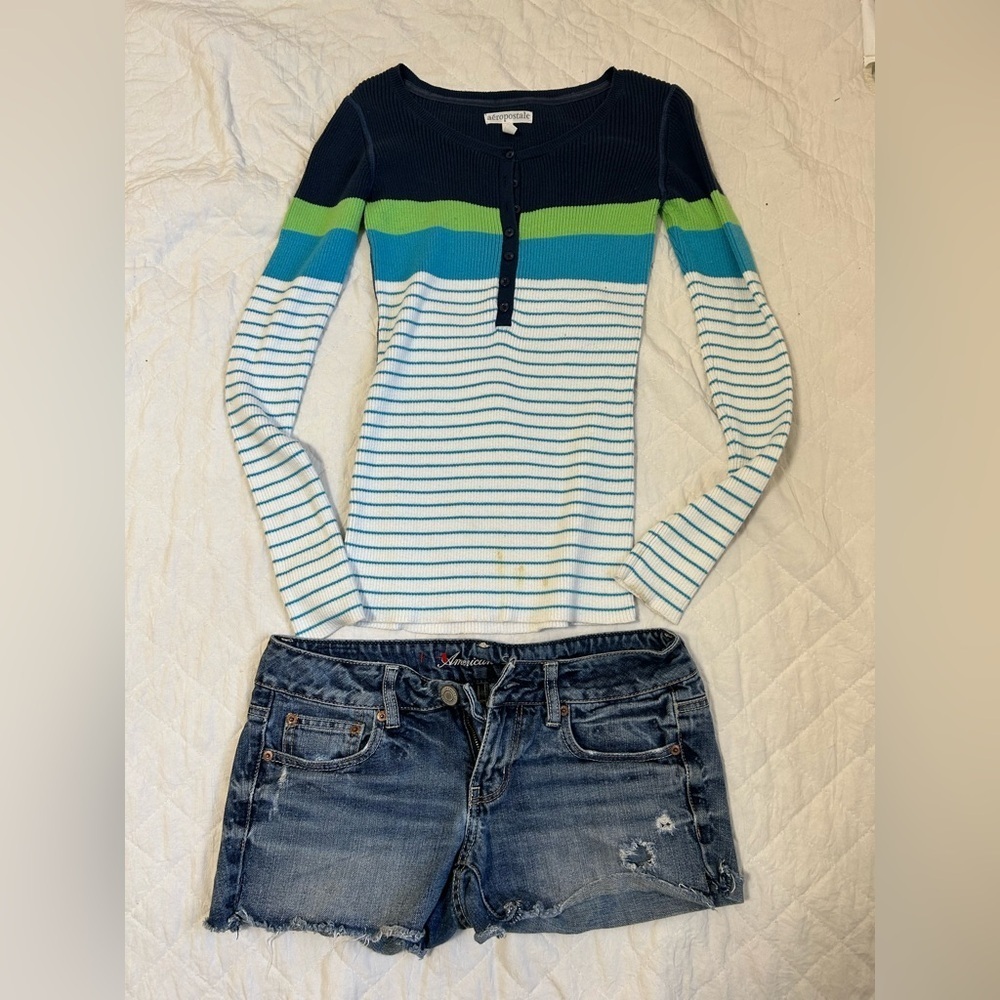Bundle Y2K Aeropostale Navy Ribbed Knit Top M &Shorts size 4 American Eagle